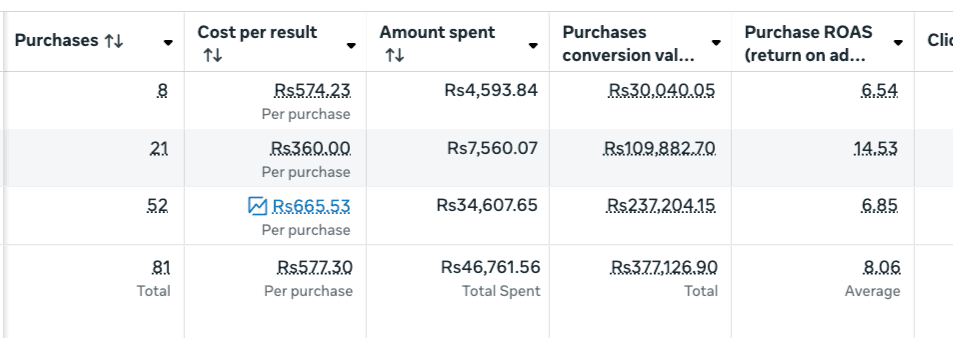 Campaign testing — purchase ROAS breakdown