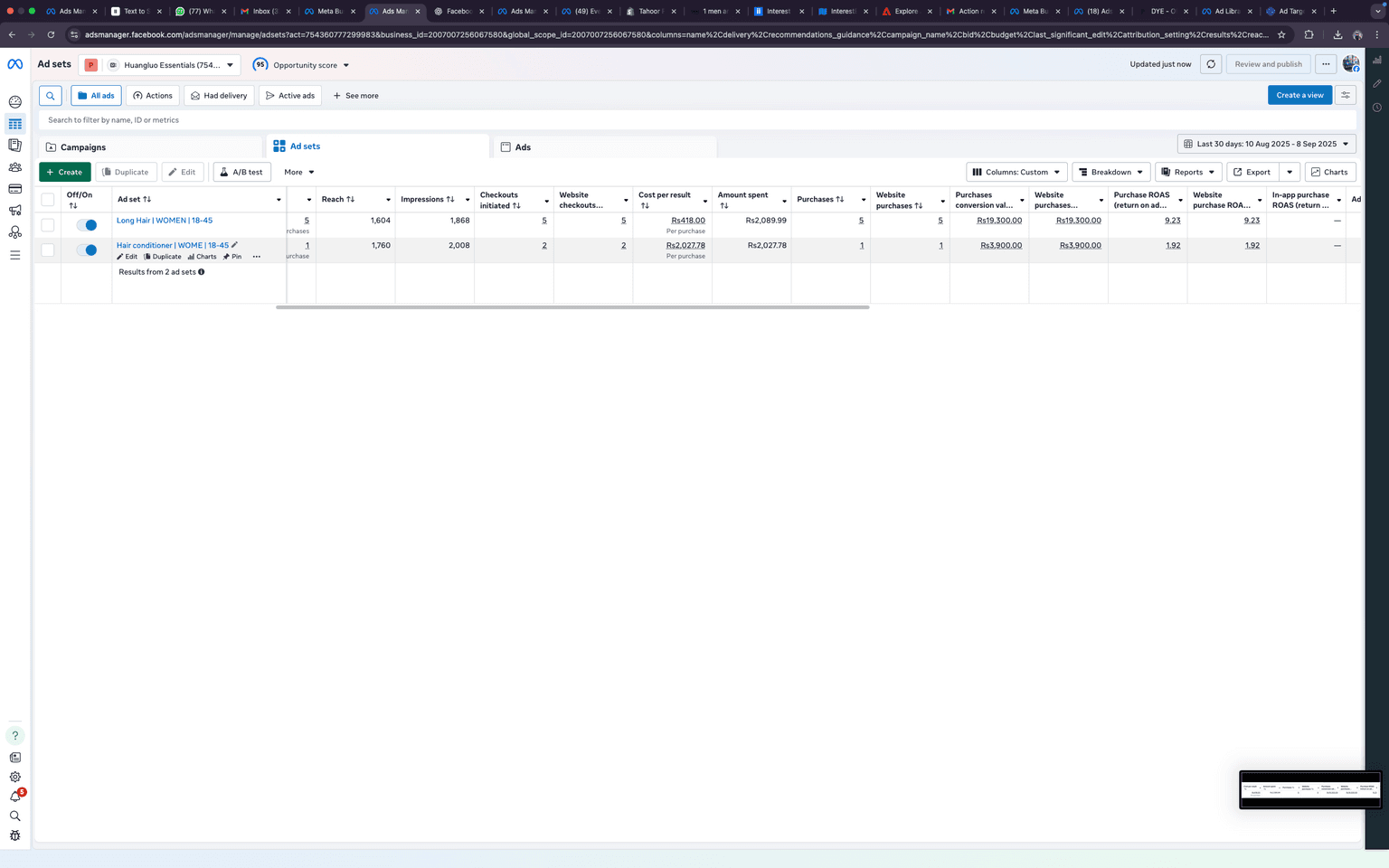 Huanglus Essentials — live Ads Manager account (hair-care campaigns)